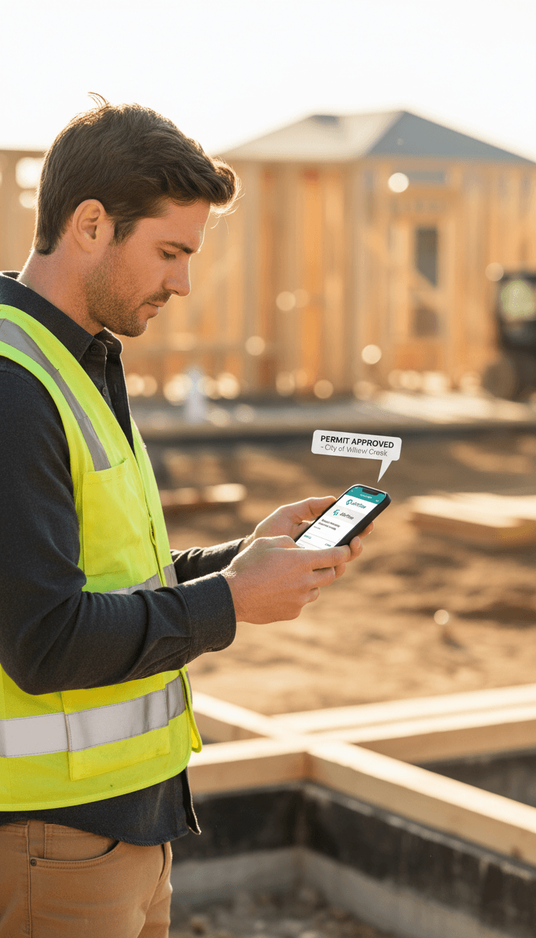 Contractor checking automated leads and follow-ups on smartphone