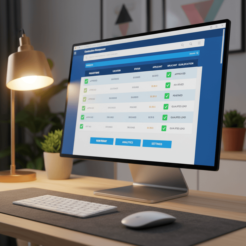 Construction permit data dashboard on desktop monitor