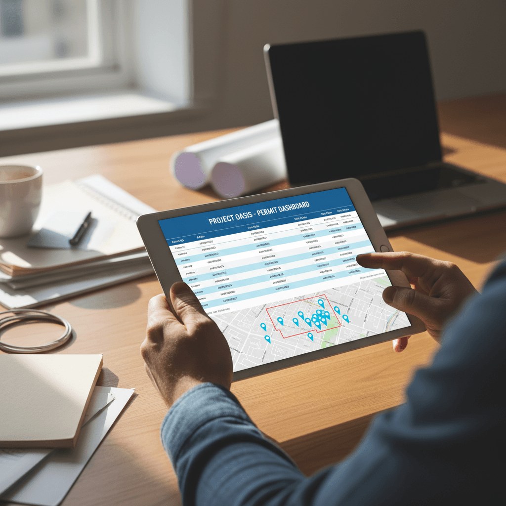 Subcontractor reviewing construction permit data on laptop