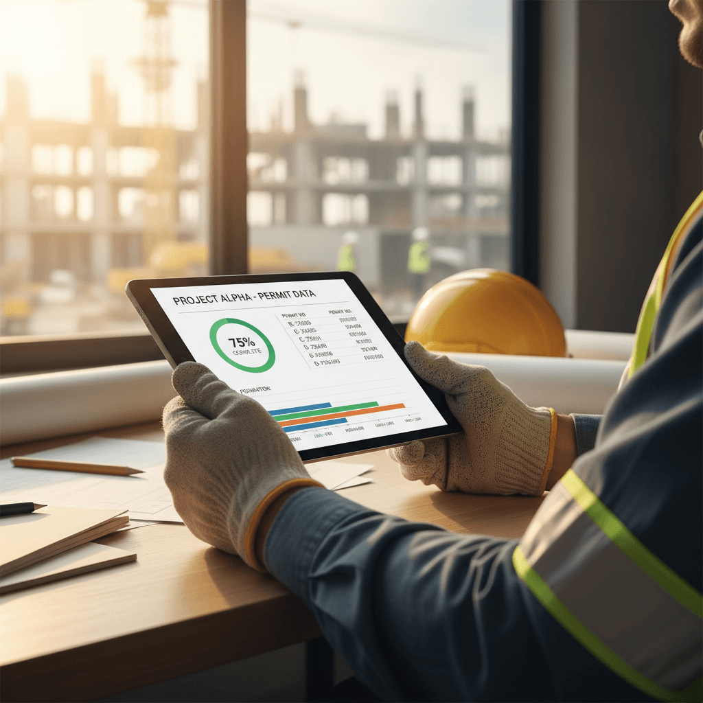 Construction permit data displayed on tablet interface